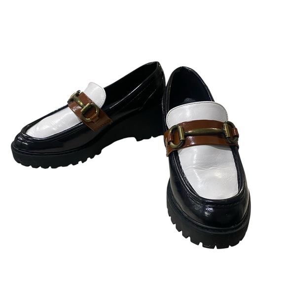 SM New York Shoes - SM New York Black, White & Brown Platform Loafers with Gold Hardware